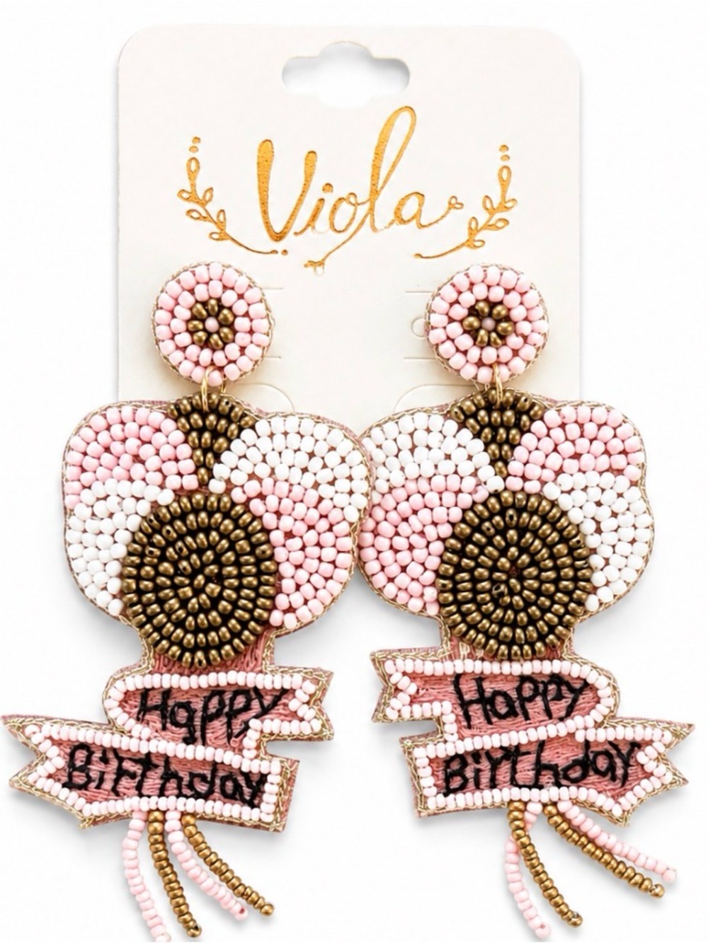 Viola Happy Birthday Balloon Beaded Statement Earrings Pink Gold NWT